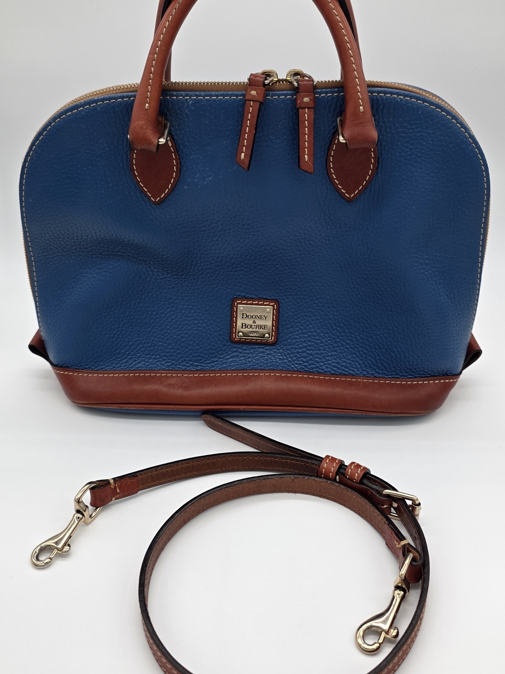 Dooney & Bourke Blue and Brown Leather Dome Satchel with Strap